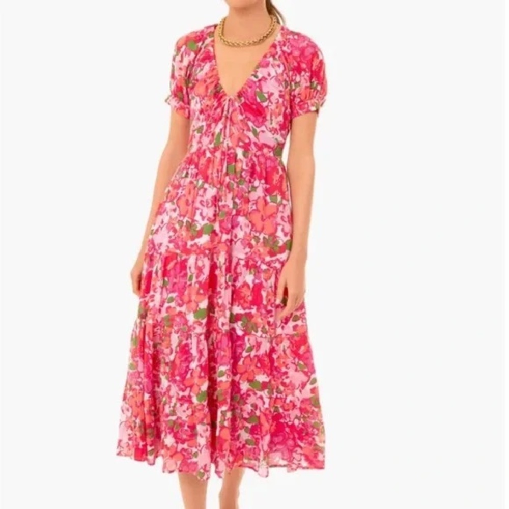 BANJANAN Norma Dress Womens XL Pink Floral Maxi Cotton Short Sleeve Pockets